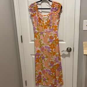Lush Floral Midi Dress in Pink, Orange, and Purple